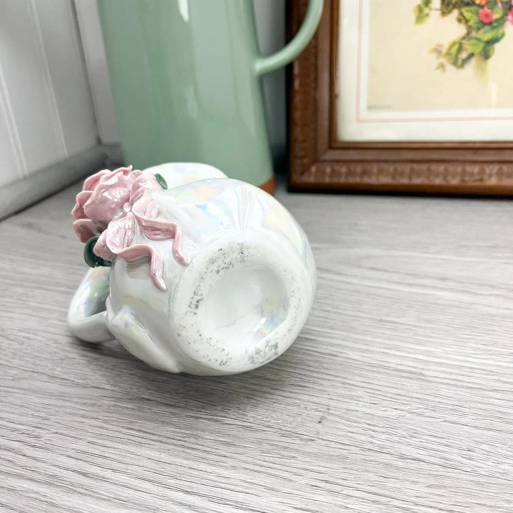 Vintage Iridescent Ceramic Rose Pitcher: 3D Floral‎ Vase